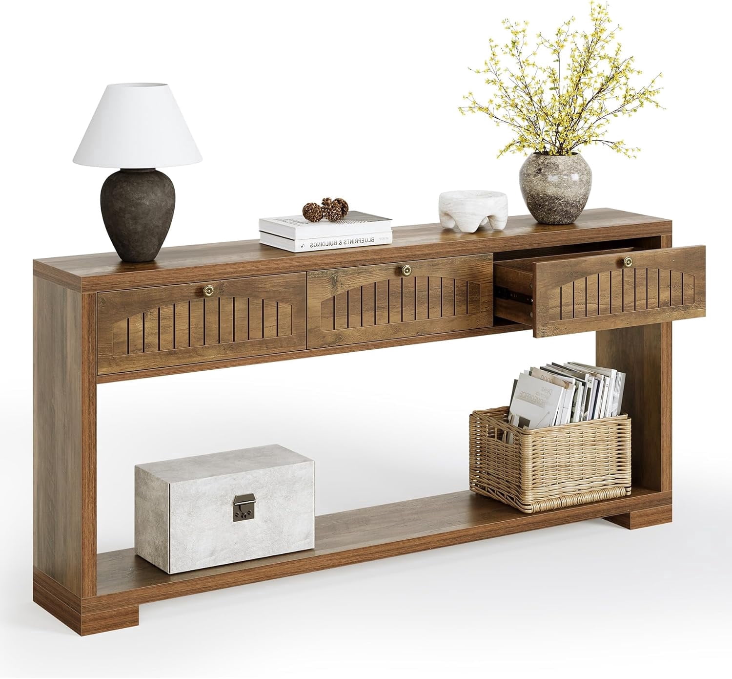 Fnova 70.8" Farmhouse Console Table, 3-Drawer Narrow Entryway Table with Open Shelf, Long Narrow Sofa Table for Living Room, Hallway, Foyer