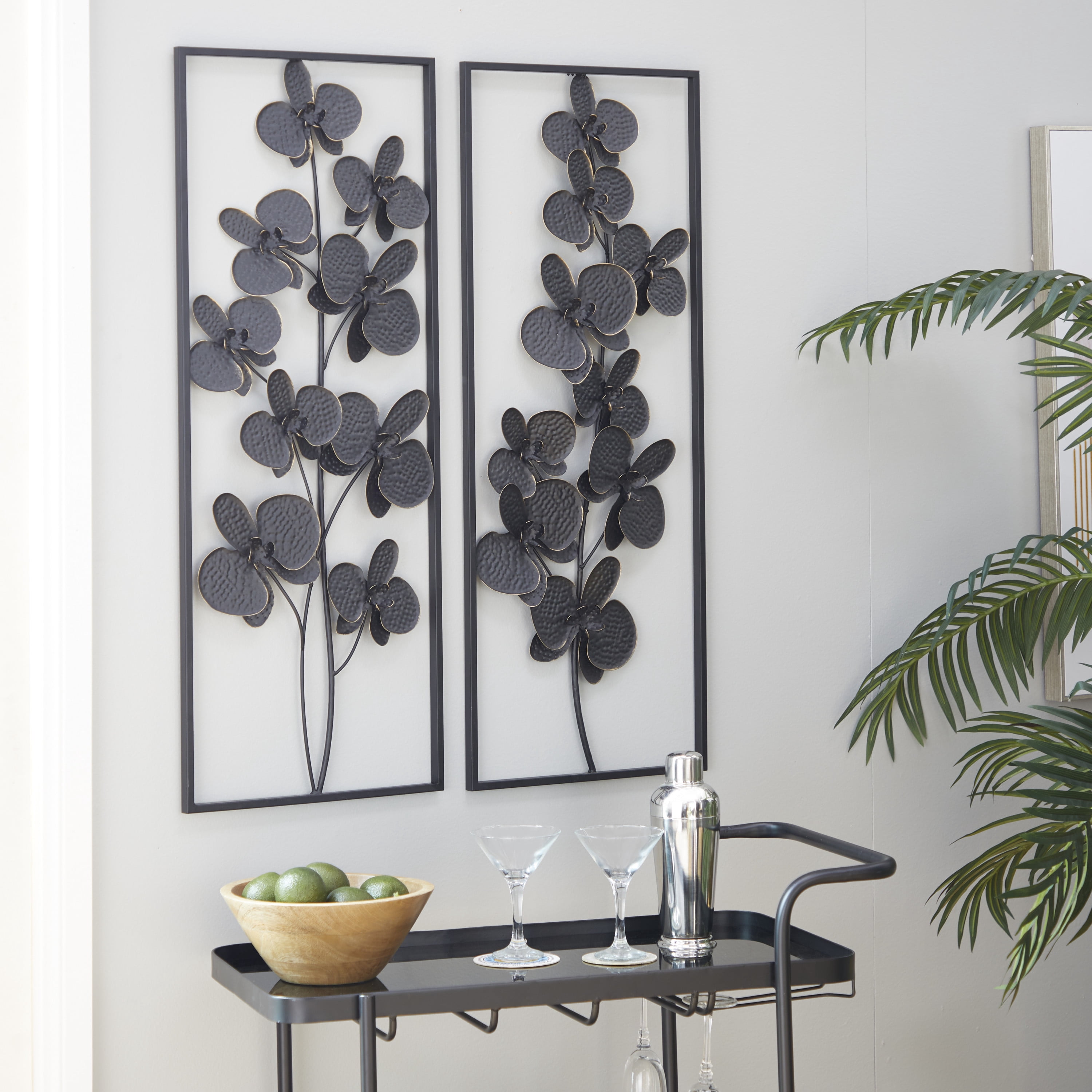 DecMode Black Metal Orchid Floral Wall Decor with Black Frame (2 Count ...