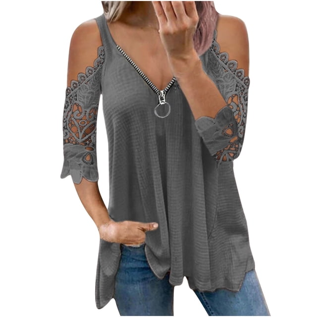 Womens Summer Tops V Neck Off Shoulder Hollow Out Lace Half Sleeve Zipper Solid Color T-Shirt Blouses Tank Tops