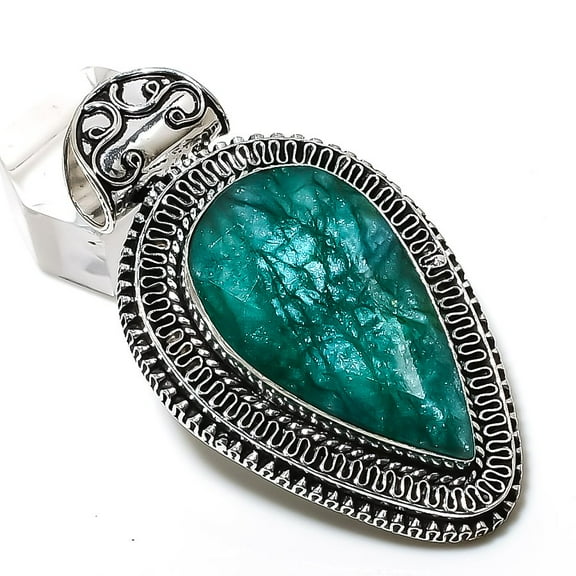 Emerald(Simulated) 925 Sterling Silver Jewelry Pendant 2.44"
