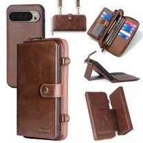 Feishell for Google Pixel 9 Pro XL Crossbody Wallet Case,PU Leather Lager Capacity Detachable Cover Magnetic Buckle Card Slots Zipper Pocket Stand Phone Case with Adjustable Shoulder Strap,Brown