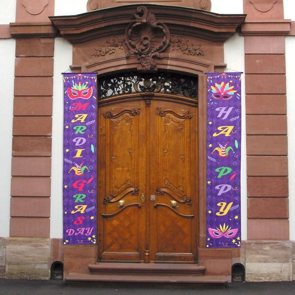 Supvox 1Pair Purple Mardi Gras Day Door Flag for American Carnival Party Decorations
