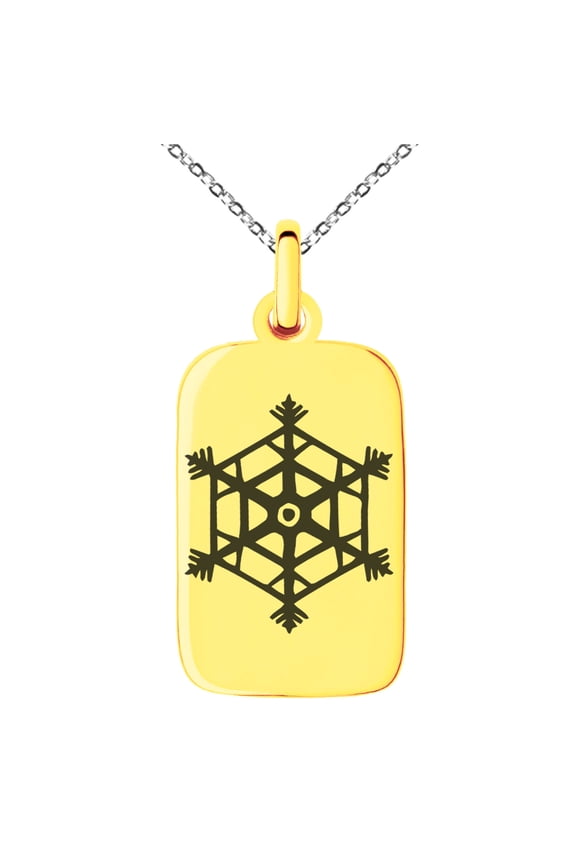 Rose Gold Stainless Steel Crystallized Evergreen Snowflake Engraved Small Rectangle Dog Tag Charm Pendant Necklace