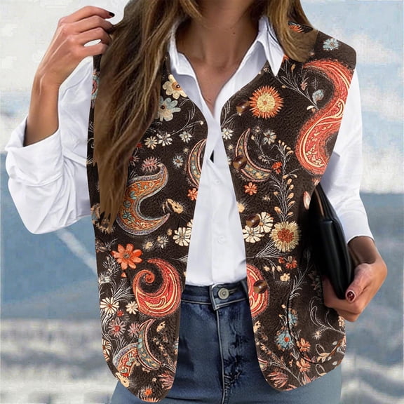 Guieoi Jackets for Women Clearance under $10.00 Women's Casual Warm Double-Sided Winter Daily Printed Loose Collarless Button Coat Brown Black*Friday/Cyber*Monday Clearance