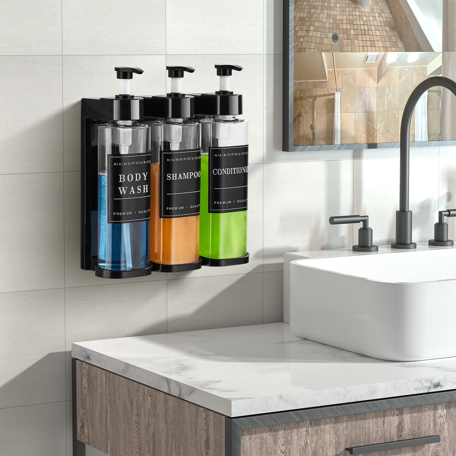 Shampoo and Conditioner Dispenser,Shower Soap Dispenser 3 Chamber No Drill Wall-Mounted Large Capacity
