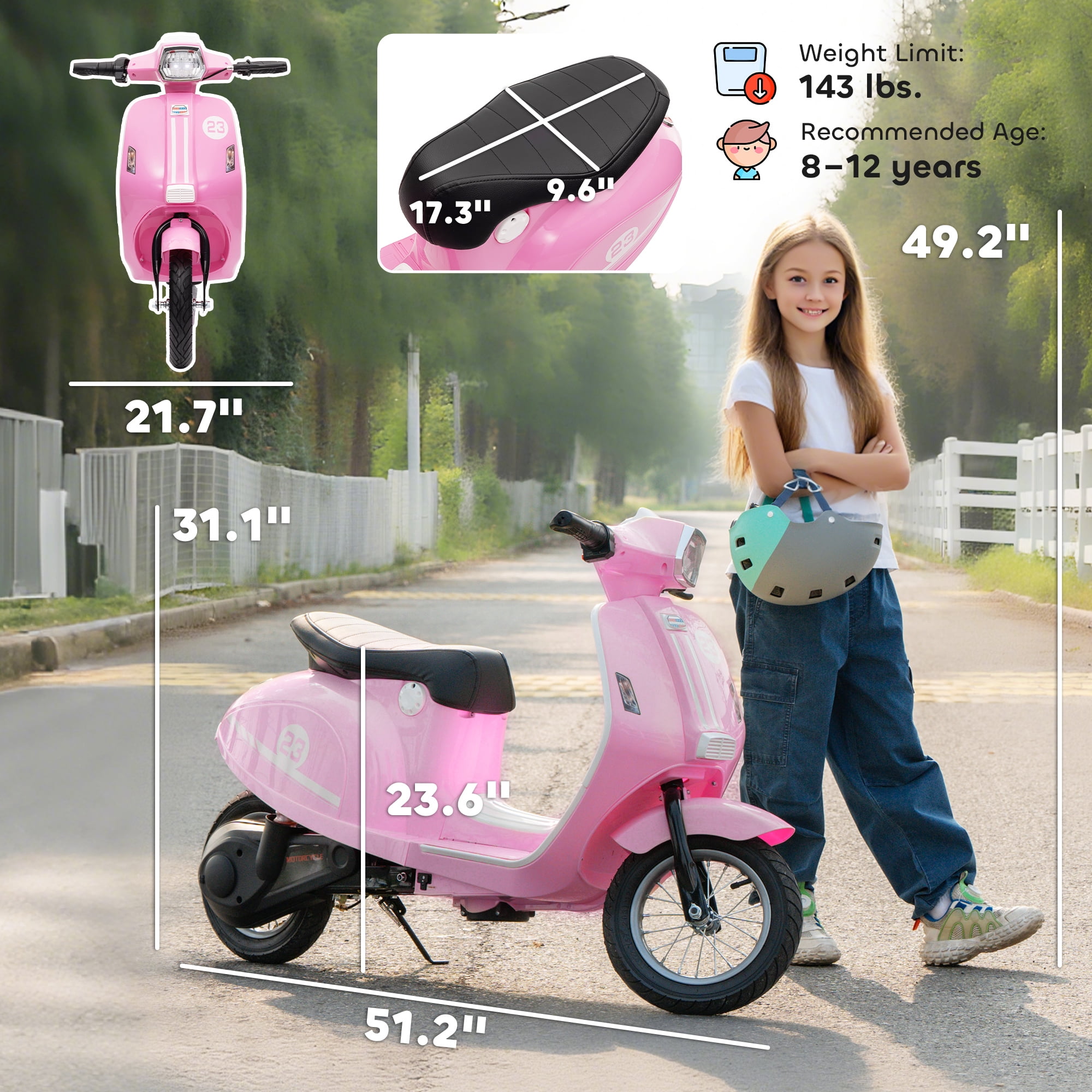 Qaba Kids Motorcycle, 24V Electric Motorcycle with Rear Suspension, LED Lights, Ride On Toy with 3-Speed Control for 8-12 Years Boys and Girls, Pink