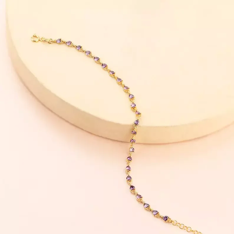 5 Ct Heart-Cut Simulated Amethyst Tennis Link Bracelet 14K Yellow Gold-Plated Sterling Silver