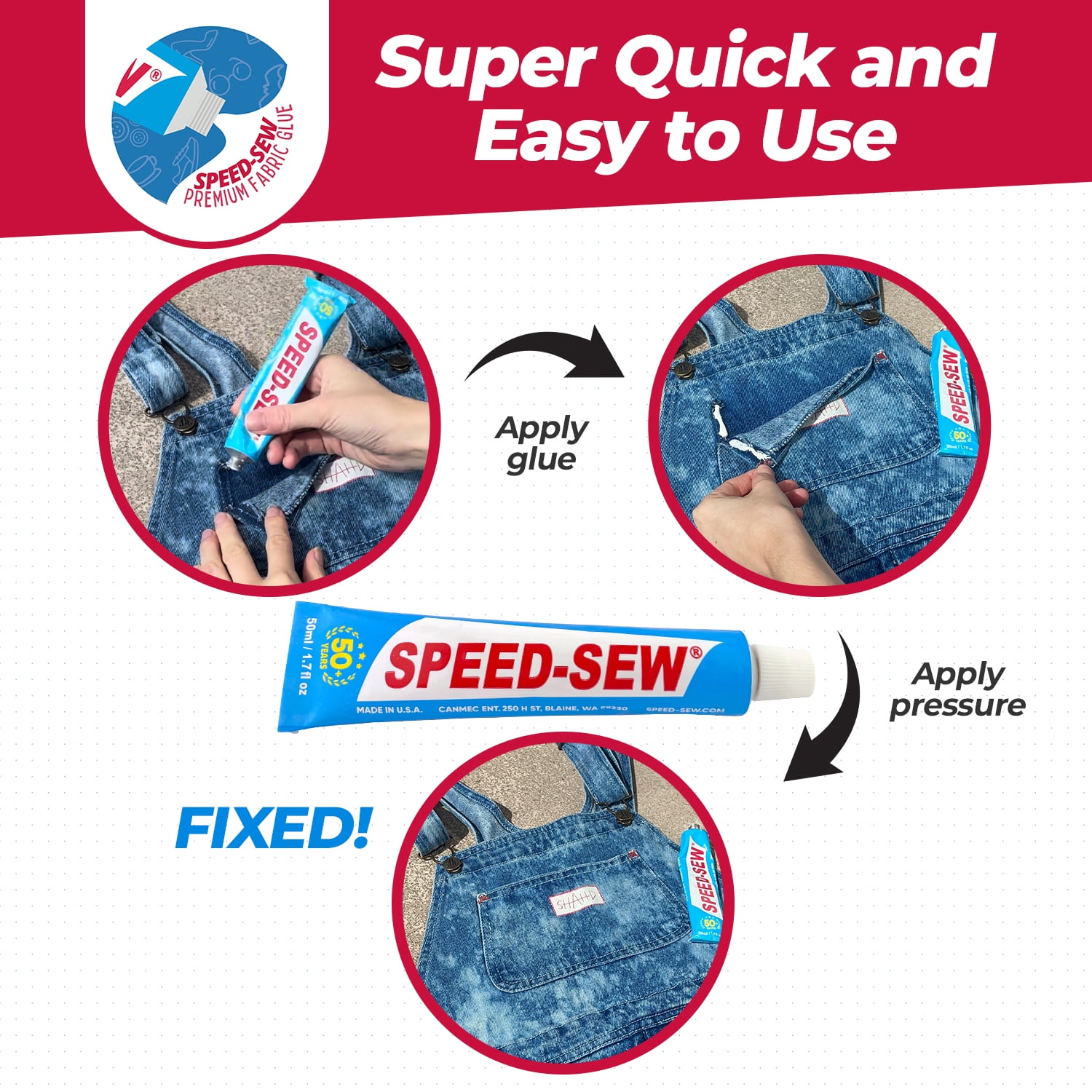 Speed-Sew Premium Liquid Fabric Glue 1.7 oz Fast Drying No Ironing Multi-Purpose No Sew Fabric Adhesive for Craft Projects DIY Clothing Repairs Denim