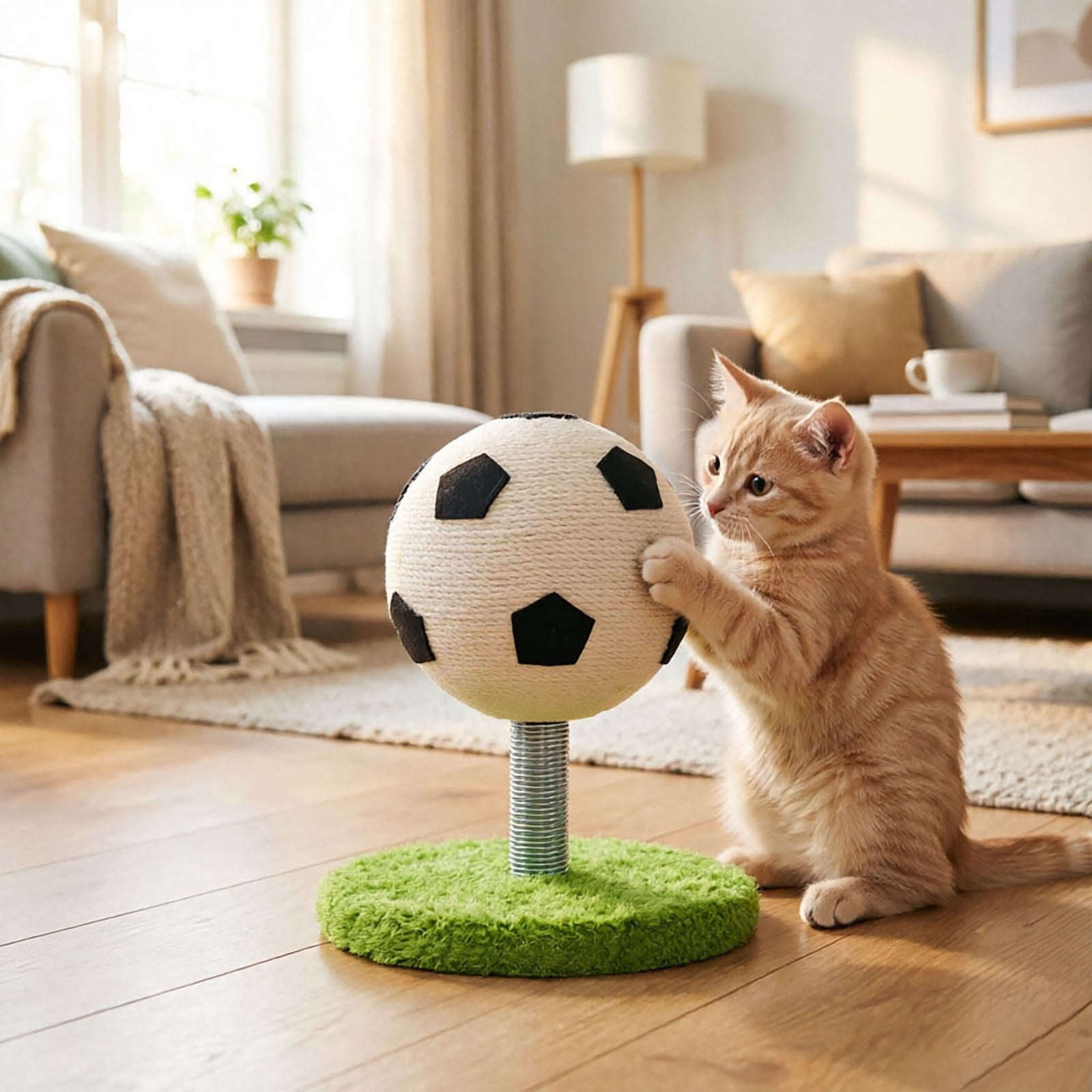Interactive Sisal Cat Toy with Suction Base Soccer Ball Durable Cat Scratching Post for Indoor Cats Play and Exercise