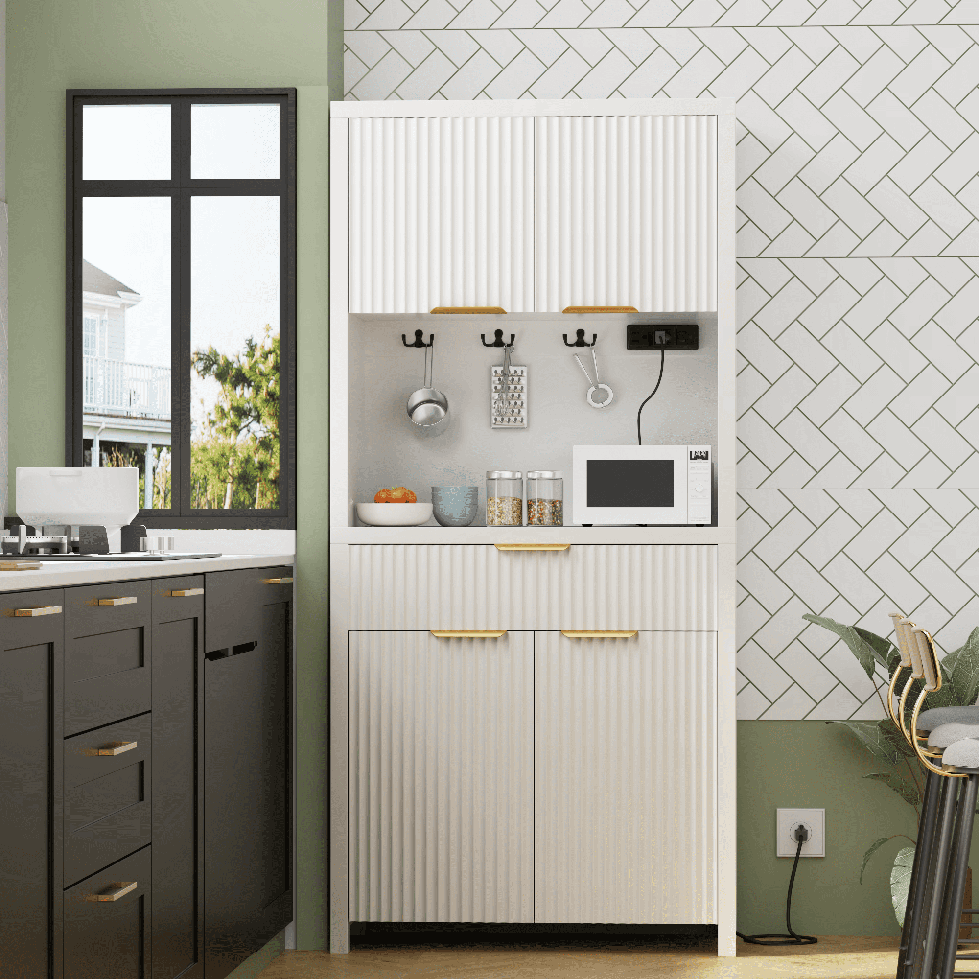Aufeile 71" Tall Pantry Storage Cabinet with Drawer and Charging Station, Fluted Pantry Cabinet with Adjustable Shelves for Kitchen Dining Room Living Room, White