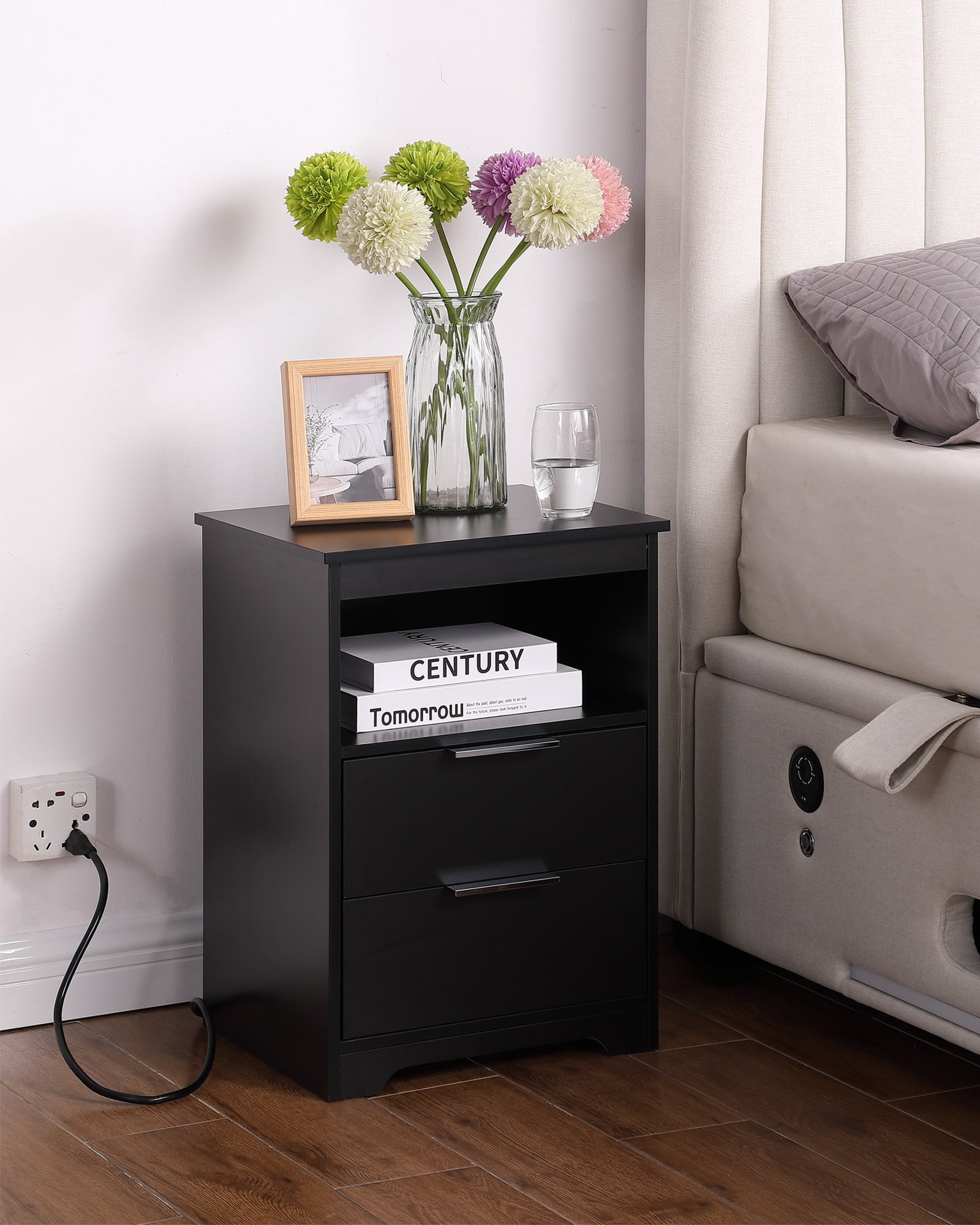 Nightstand with Charging Station,End Table with 2 Drawers,Wooden End Table with Drawer and Opening Shelf,Side Table for Bedroom, Black