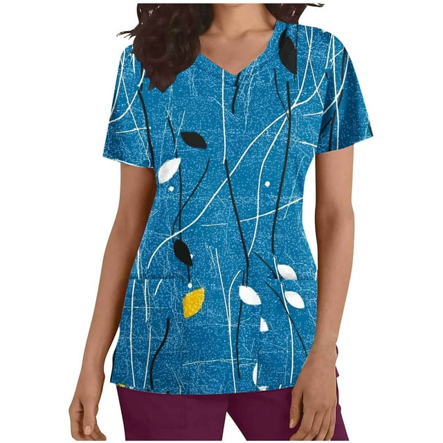 Staron Tuniques d'Uniforme Imprimées pour Femmes en Liquidation à Moins de 10 $ Manches Courtes T-Shirts Amples Col en V Été Cadeaux pour Infirmières Tuniques Uniforme de Travail Extensible Tendance Décontracté Tuniques Chemises