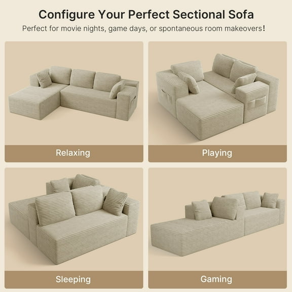 L-Shape Modular Sectional Sofa,Asofer 105" Cloud Sectional Couch with Chaise, Upholstered Corduroy Couch with Deep Seat, No Assembly Required