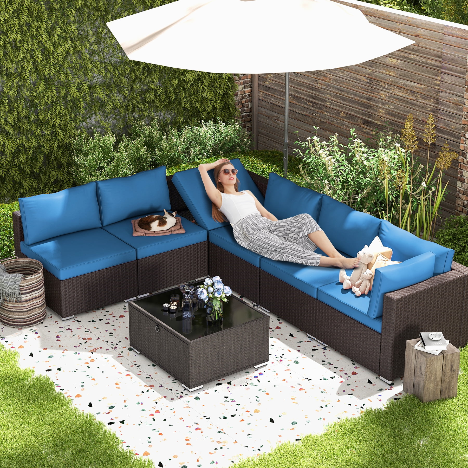 HOMREST 7-Piece Rattan Wicker Outdoor Sectionals with Adjustable Bracket, Blue