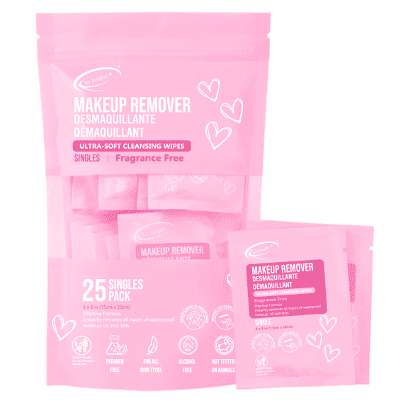 Air Jungles Makeup Remover Wipes Singles 25 Count (Pack of 1), Individual Packed Fragrance-Free, Ultra-Soft Cleansing Wipes, Alcohol Free