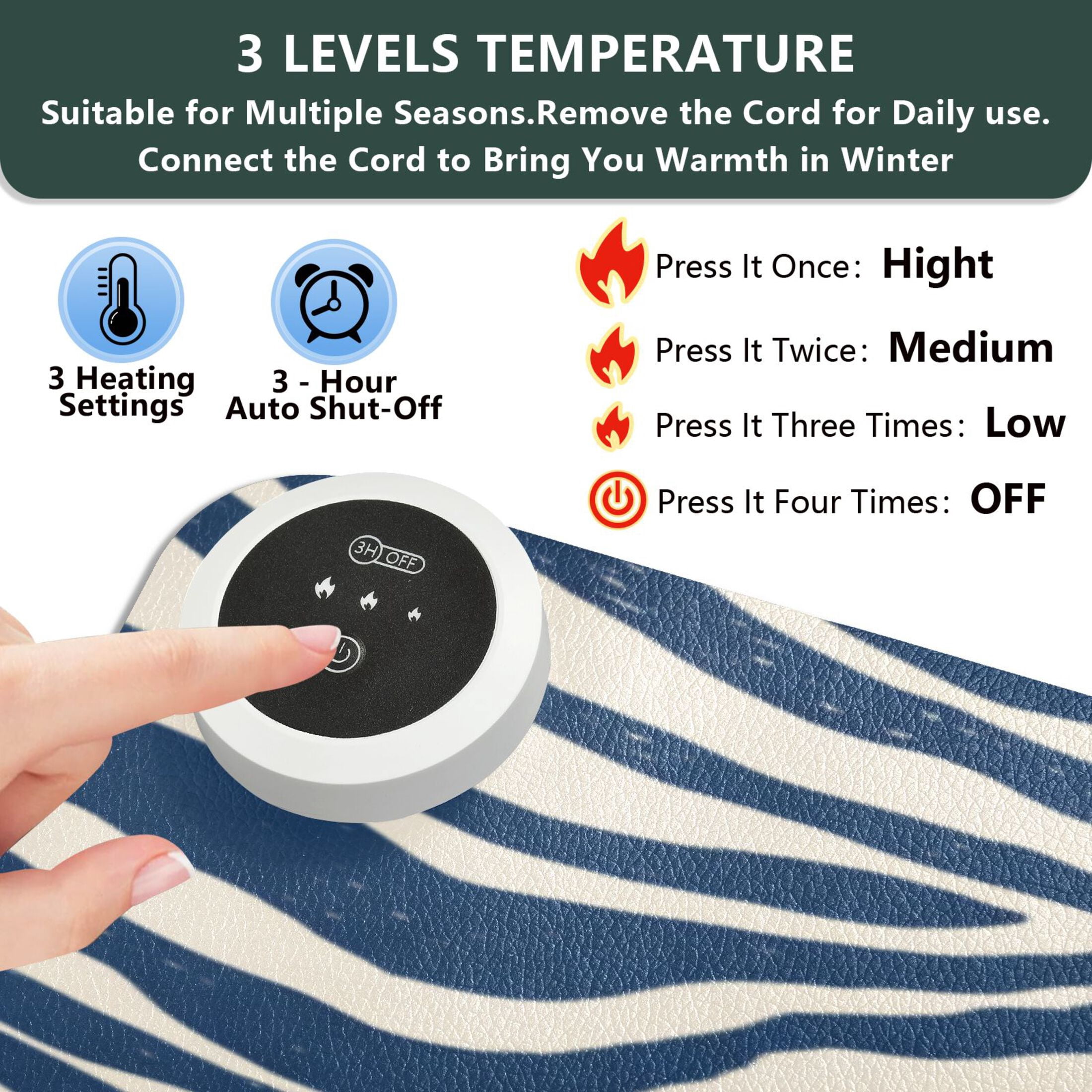 Large Heated Desk Mat Mouse Pad 31.5"x13"PU Leather Graphene Heating Desk Warmer with 3 Temperature Settings 110V US Plug Non-Slip Warm Pad for Home, Office, and Gaming Digital Blue Zebra Stripes