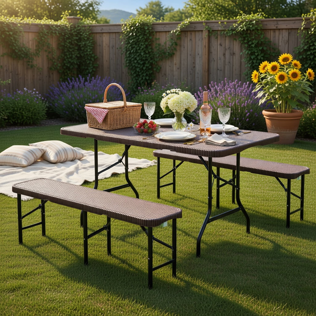 Hommoo 6 ft Portable Folding Table, HDPE Rattan-Look Tabletop, Weatherproof & Locking Frame for Outdoor Picnics, Camping, and Indoor Use, Coffee