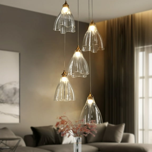 LNC Juanshin 5-Lights 20" Modern Luxury Cluster Integrated LED Pendant Lights, Gold with Clear Glass
