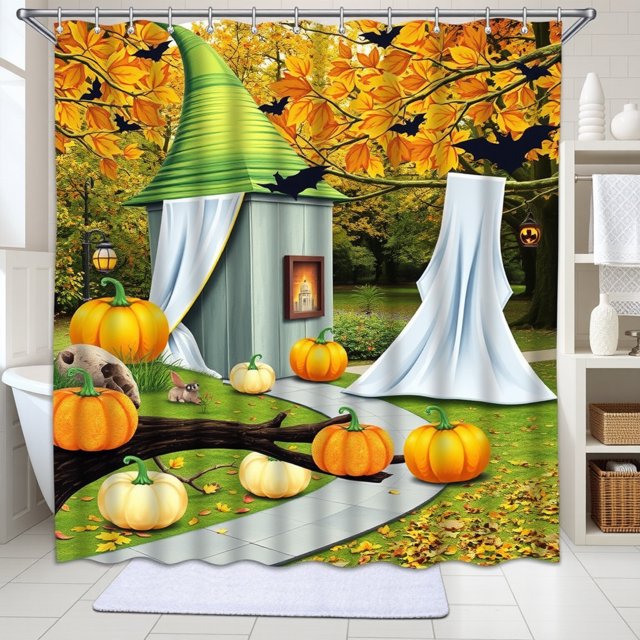 Rideau de Douche Automnal Fantaisiste avec Maison, Citrouilles et Chauves-Souris - Déco d'Halloween Douillette