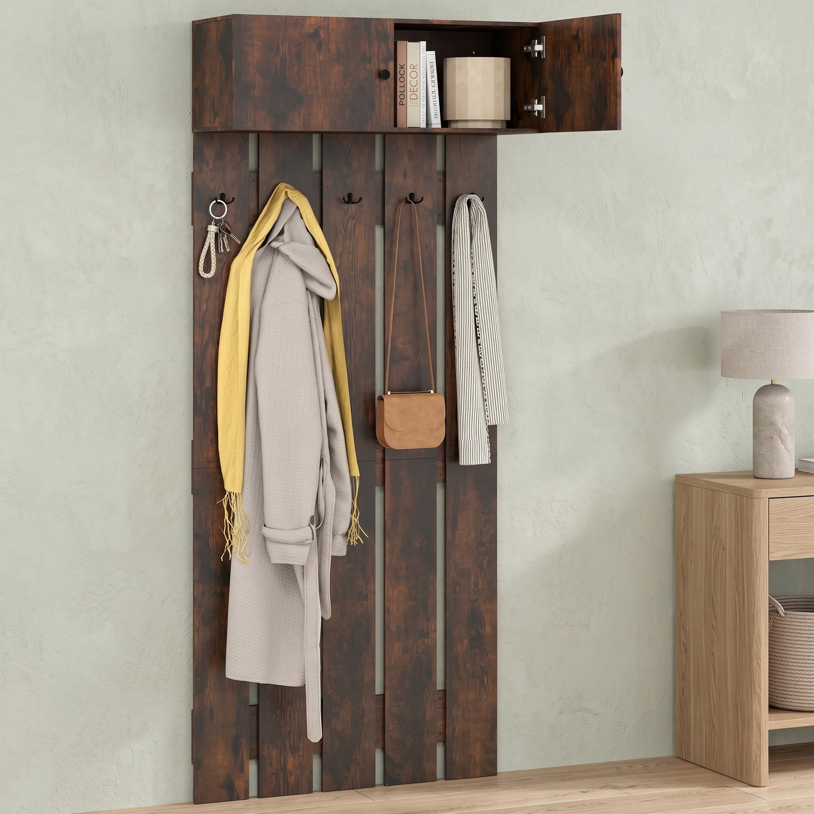 Furnibear Wall Mounted Coat Rack with Upper Storage Cabinet and 5 Metal Hooks for Entryway Kitchen and Living Room, Rustic Brown