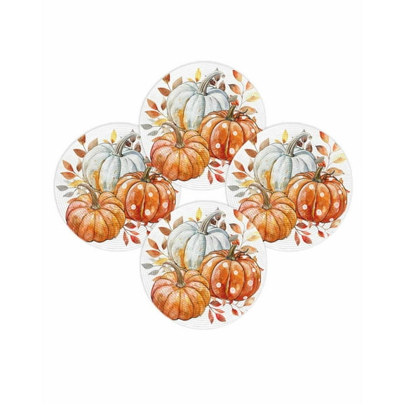 Fall Round Placemats Set of 4 Orange Pumpkin White Place Mats Thanksgiving Woven Placemat Autumn Leaf Circle Braided Table Mat for Kitchen Dining Table Autumn Party Home Decor 15 Inch