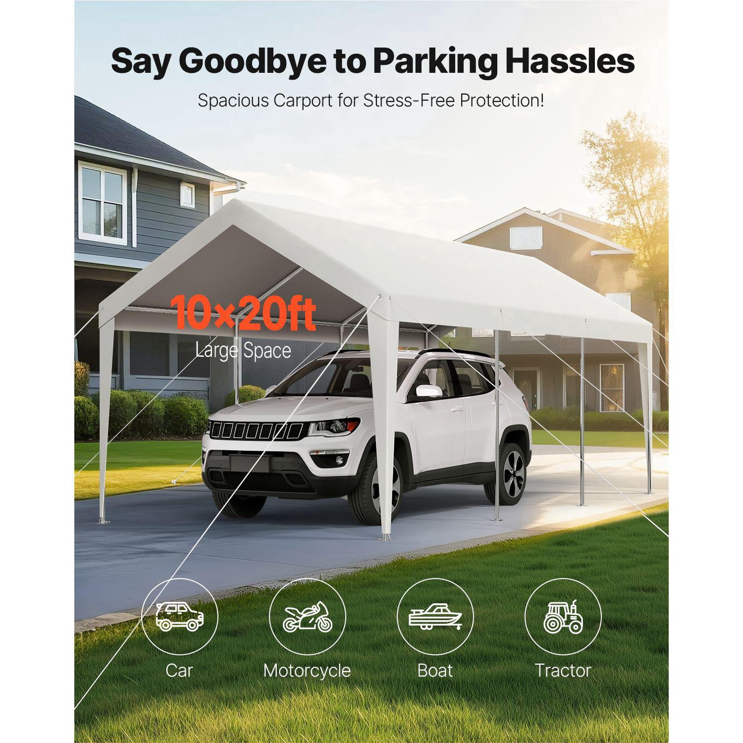 10x20 FT Heavy Duty Galvanized Steel Carport Outdoor Canopy UV Water Resistant All Season Shelter for Car Boat Motorcycle Storage White