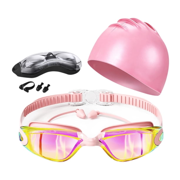 5x Gafas de natación y gorro con pinza nasal y tapones para los oídos, gafas de natación antivaho de visión amplia, de buceo para deportes acuáticos, Rosa