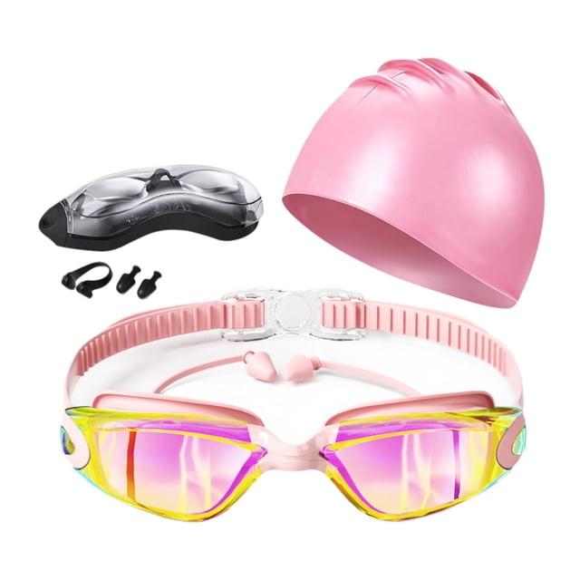 Juego de 5 piezas de gafas y gorro de natación para hombres, mujeres y adultos. Gafas de natación para piscina. Rosa