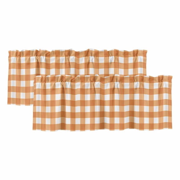 Orange Plaid Valances for Windows, Decorative Rod Pocket Window Valance Curtains, Gradient Geometric Buffalo White Checkered Short Curtain Drapes for Kitchen/Living Room, 2 Panels, 42" W x 18" L