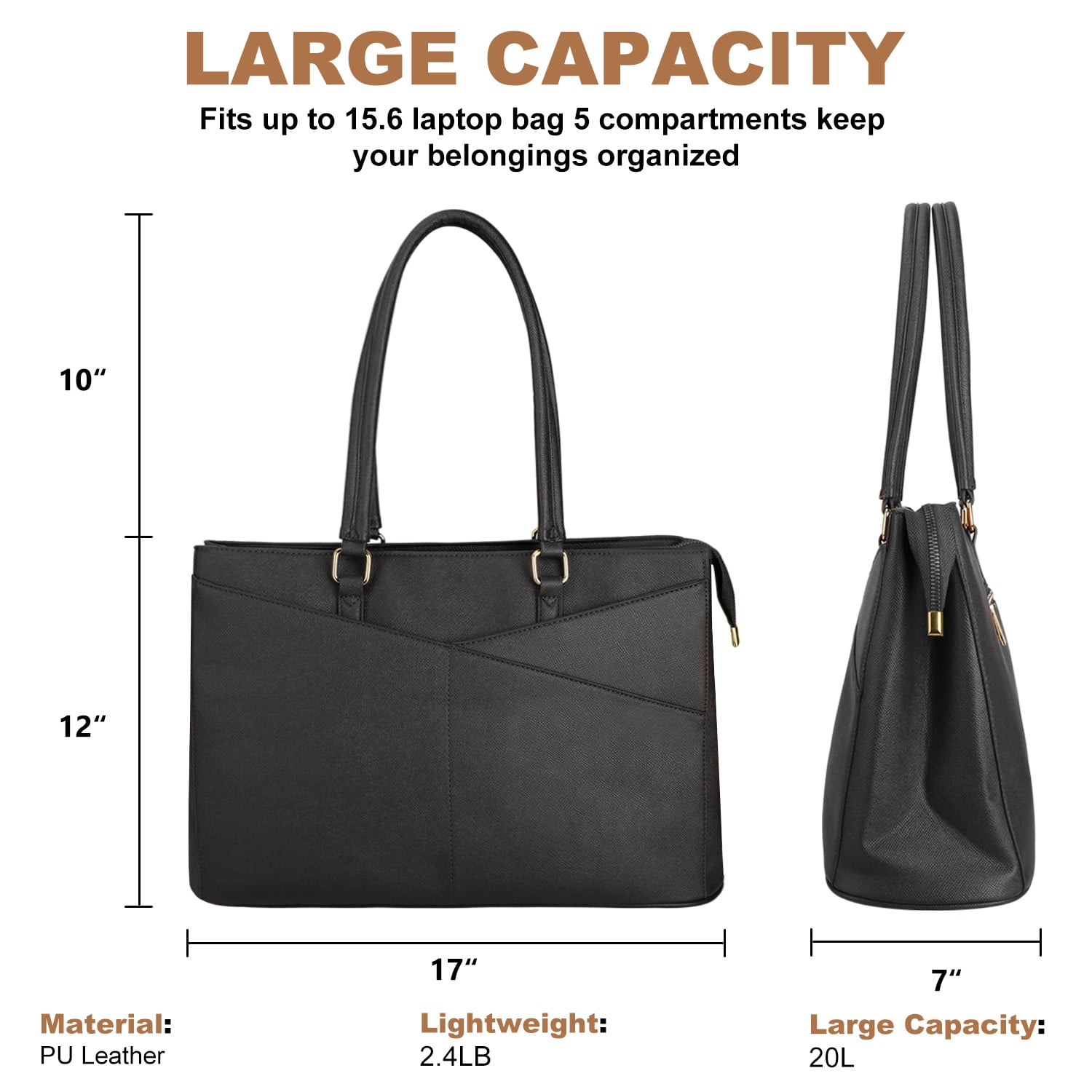 Cshidworld 15.6 Inch Leather Laptop Tote Bag for Women, Waterproof Computer Briefcase & Work Bag for Office, Business, College, Travel, Leather Messenger Bag, Black