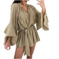 thumbnail image 2 of Zedker Women's Solid Color Mini Dresses Summer V-Neck Short Ruffle Hem Short Wrap Dresses, Plus Size KhakiM, 2 of 7