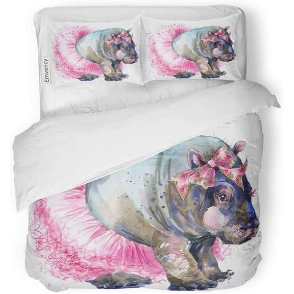 FMSHPON 3 Piece Bedding Set Baby Hippo in Skirt Graphics Splash Watercolor Unusual for Funny Twin Size Duvet Cover with 2 Pillowcase for Home Bedding Room Decoration