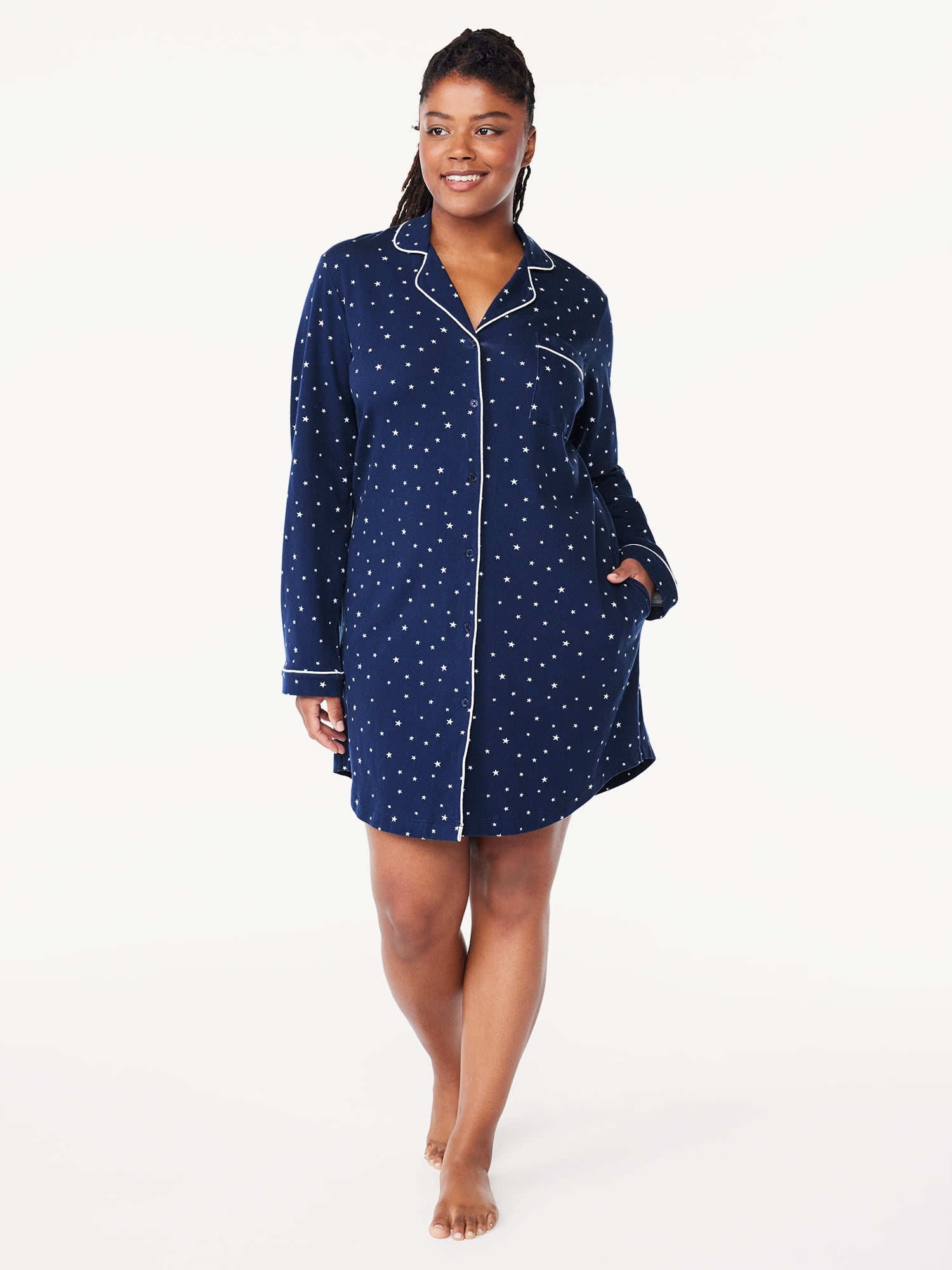 Joyspun Women’s Cotton Blend Long Sleeve Notch Collar Sleepshirt, Sizes S to 4X