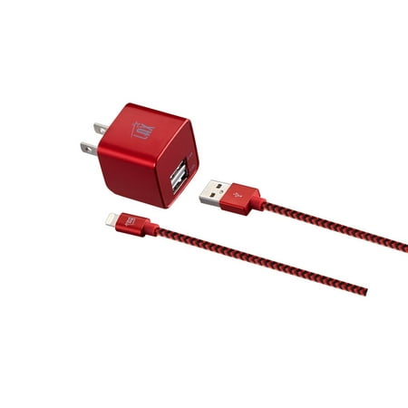 LAX 2.4A Wall Charger with 6ft Apple Certified Lightning Cable for iPhone and iPad - Red