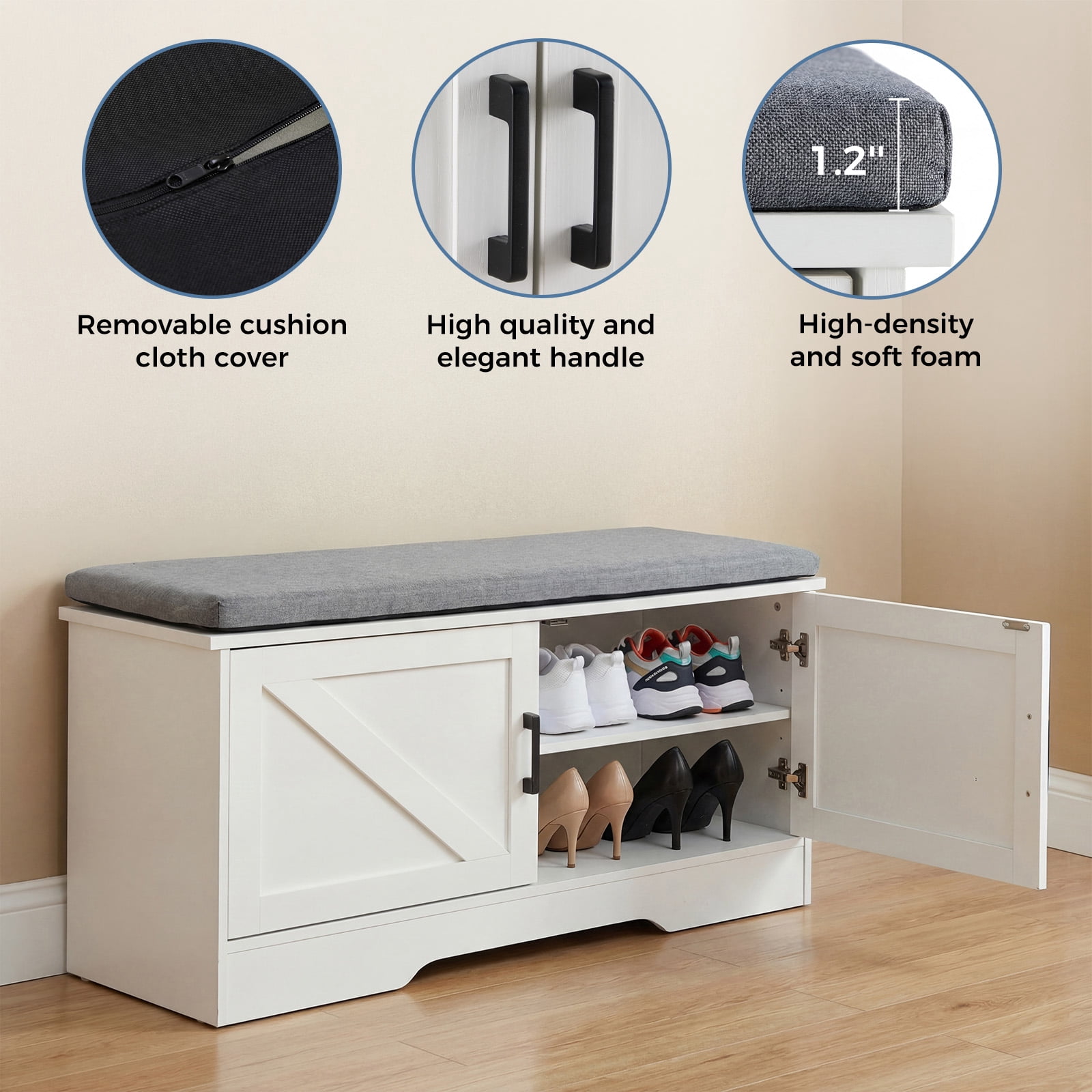 Hommoo Wooden Shoe Storage Cabinet with Cushioned Seat, 39-inch Modern Entryway Organizer for Living Room, Hallway & Bedroom, White & Gray