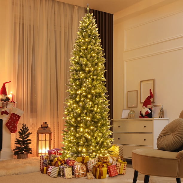 Costway Árbol de Navidad preiluminado de 270 cm con bisagras y lápiz delgado de Navidad con 500 luces LED y 1298 puntas