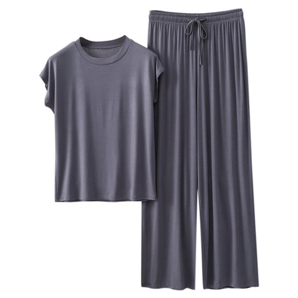 Conjunto de pijama holgado de color liso para mujer: camiseta de manga corta y pantalones con cordón, poliéster y spandex
