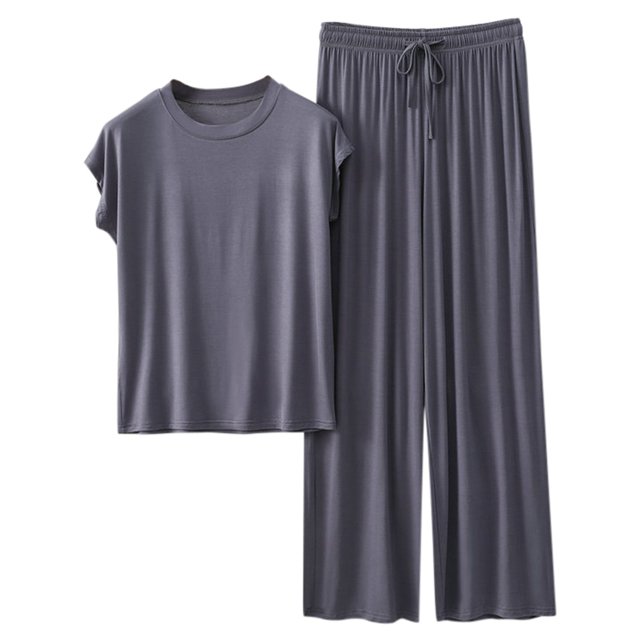 Conjunto de pijama holgado de color liso para mujer: camiseta de manga corta y pantalones con cordón, poliéster y spandex