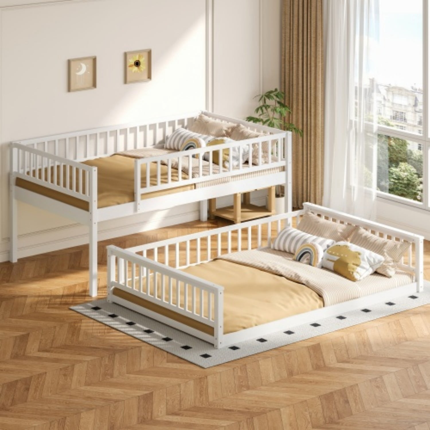Full XL Over Queen Bunk Bed with Ladder, Convertible Wood Bunk Bed Frame with Safety Guardrails, Solid Pine Wood Space Saving Bed for Bedroom, White