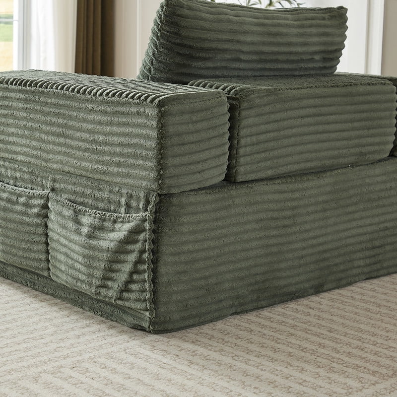 Single-Seater Upholstered Lazy Sofa, Floor Lounge Chair with Back Cushion & Throw Pillow, Oversized Chaise Lounge with Pockets