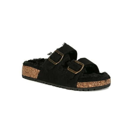 Bamboo - Women Double Buckle Faux Fur Cork Footbed Sandal 19307 - Walmart.com