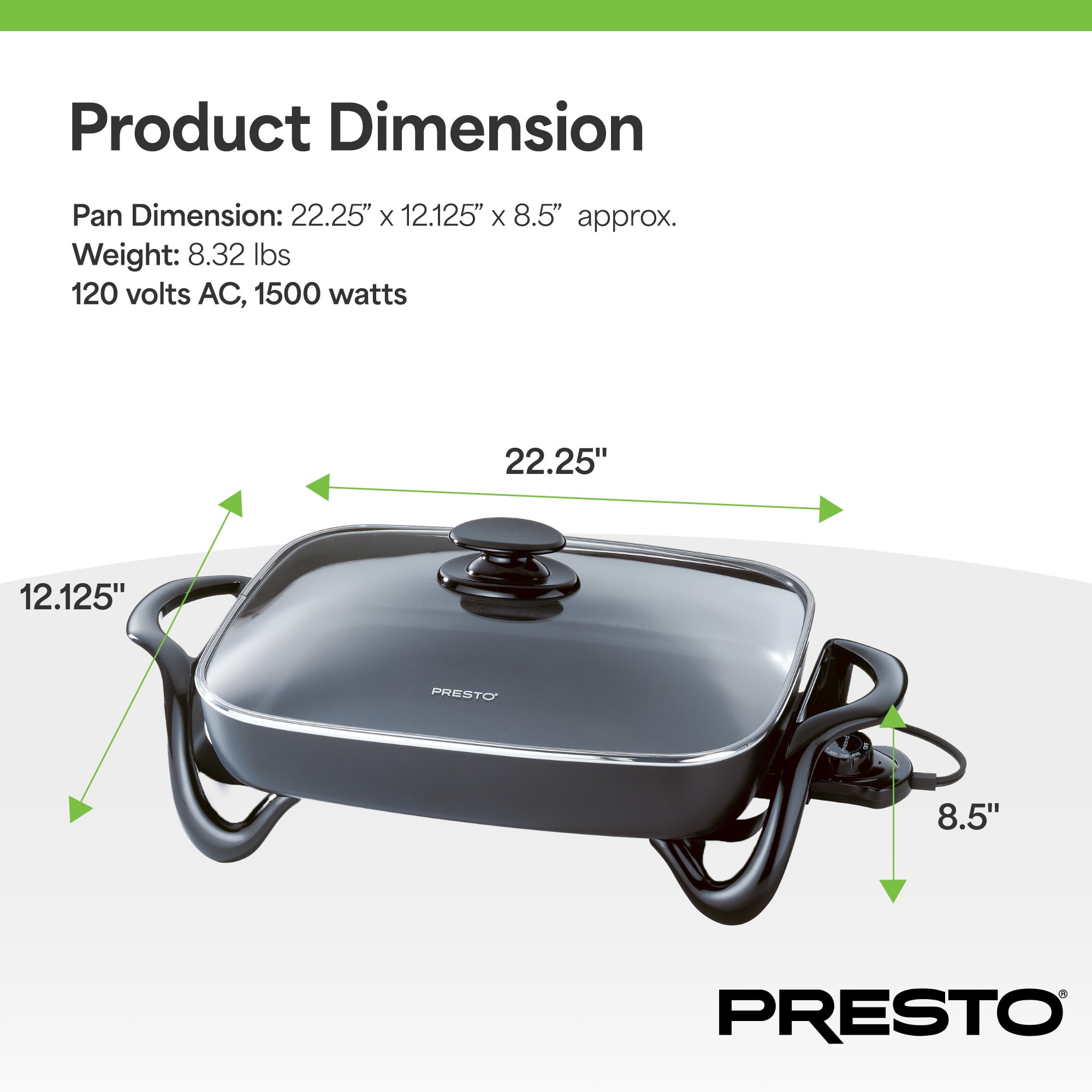 Presto 16 in Rectangular Electric Skillet with Glass Lid Non-Stick, Temperature Control