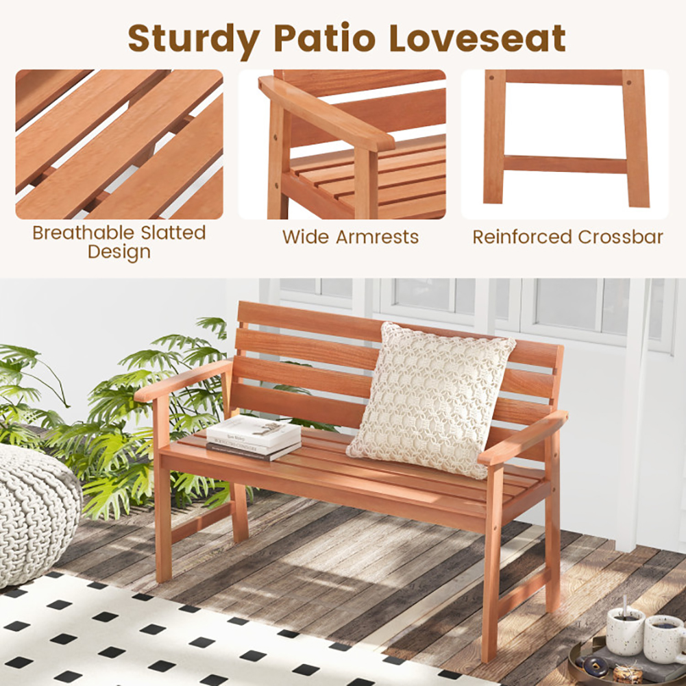 Aimee Lii Patio Solid Wood Bench Wood 2-Seat Chair with Breathable Slatted Seat & Inclined Backrest, Outdoor Patio Furniture