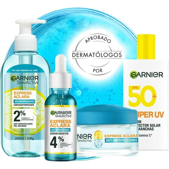 Kit Garnier Express Anti-Imperfecciones para Piel Grasa con Limpiador Facial, Sérum Antiacné, Crema Gel Matificante y Protector Solar Super UV FPS 50+