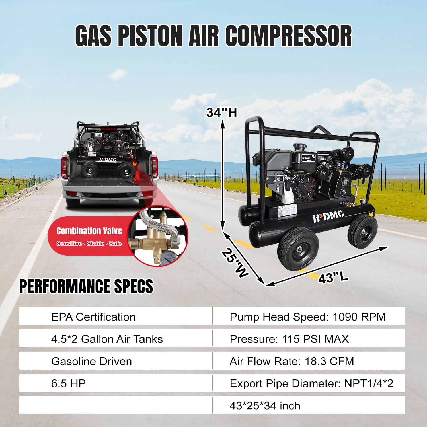 HPDMC Gas Driven Piston Air Compressor 6.5HP - One Stage - 6.5HP Gasoline Engine - 9Gal Tank - 18cfm 115psi - Portable Compressed System