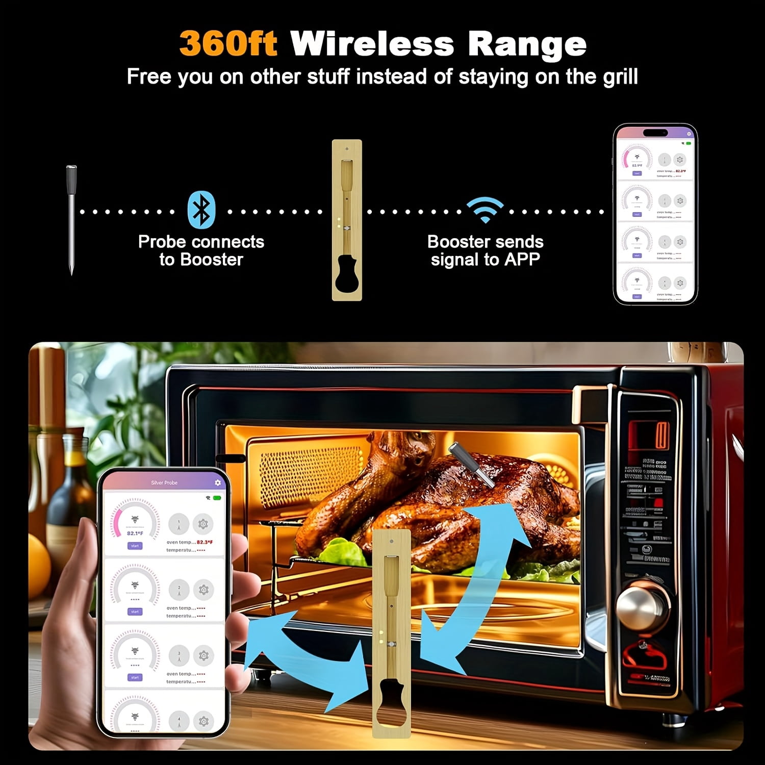 Smart Bluetooth Bamboo Wireless Meat Digital Thermometer for Grill, Oven, Air Fryer, Kitchen, BBQ, Perfect for Steak Chicken Turkey and More Delicious Recipes, Digital Cooking Thermometer with Apps