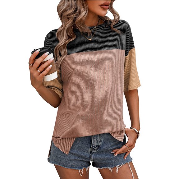 Cagogo Casual Crew Neck T-Shirts for Women Under $5 Summer Spring Tops Short Sleeve Textured Color Block Blouses 2025 Vacation Black Blouses Clothes