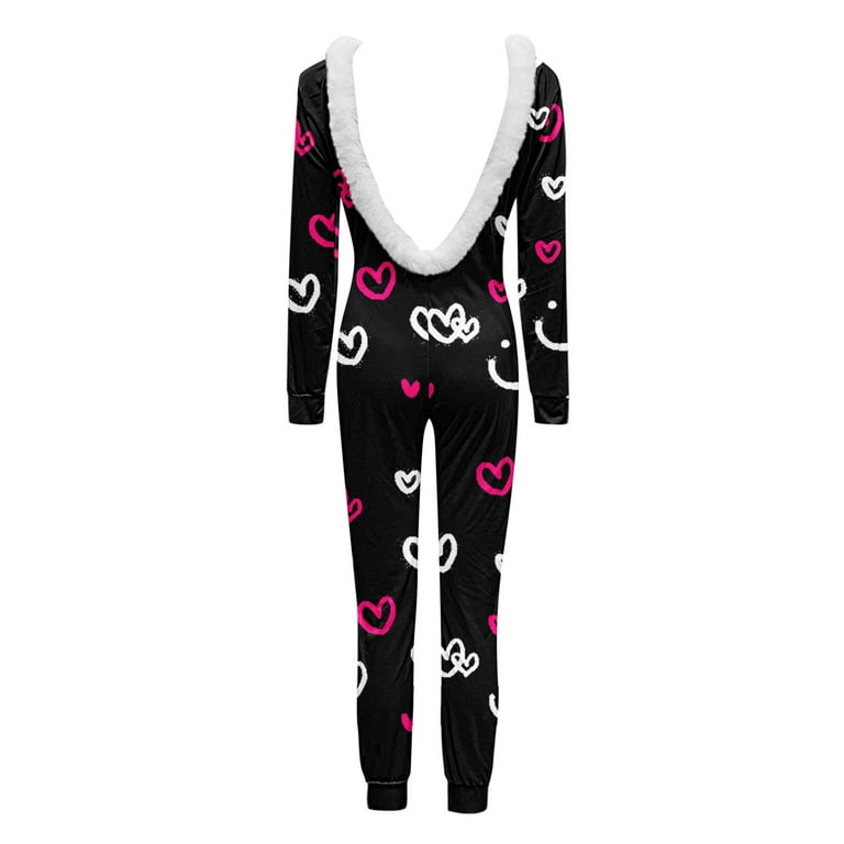 Aayomet Women s Onesie Pajamas Solid Long Sleeve Jumpsuit Open Back Furry Adult Pajamas Bodysuit Playsuit Romper Black XL Walmart