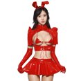 thumbnail image 3 of Minifalda con volantes y sujetador triangular con cordones de conejita de charol para mujer, diadema con orejas de conejo, disfraz sexy de cosplay, 3 of 5