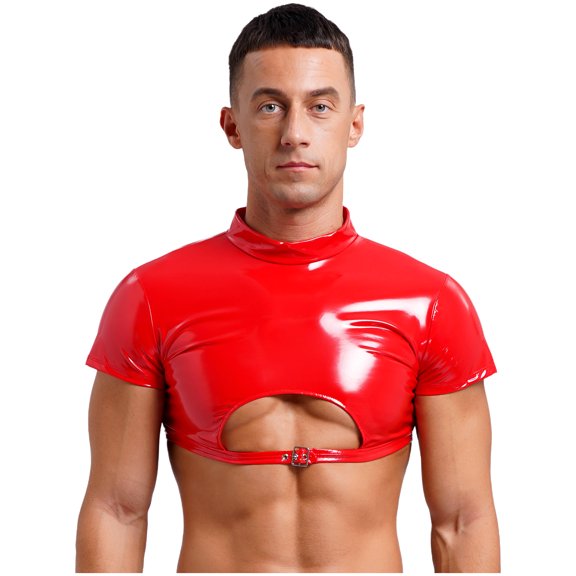 iEFiEL Mens Faux Leather Cutout Half Tank Top Muscle Tops Short Sleeve Zipper Buckle Shirt Clubwear Red XXL